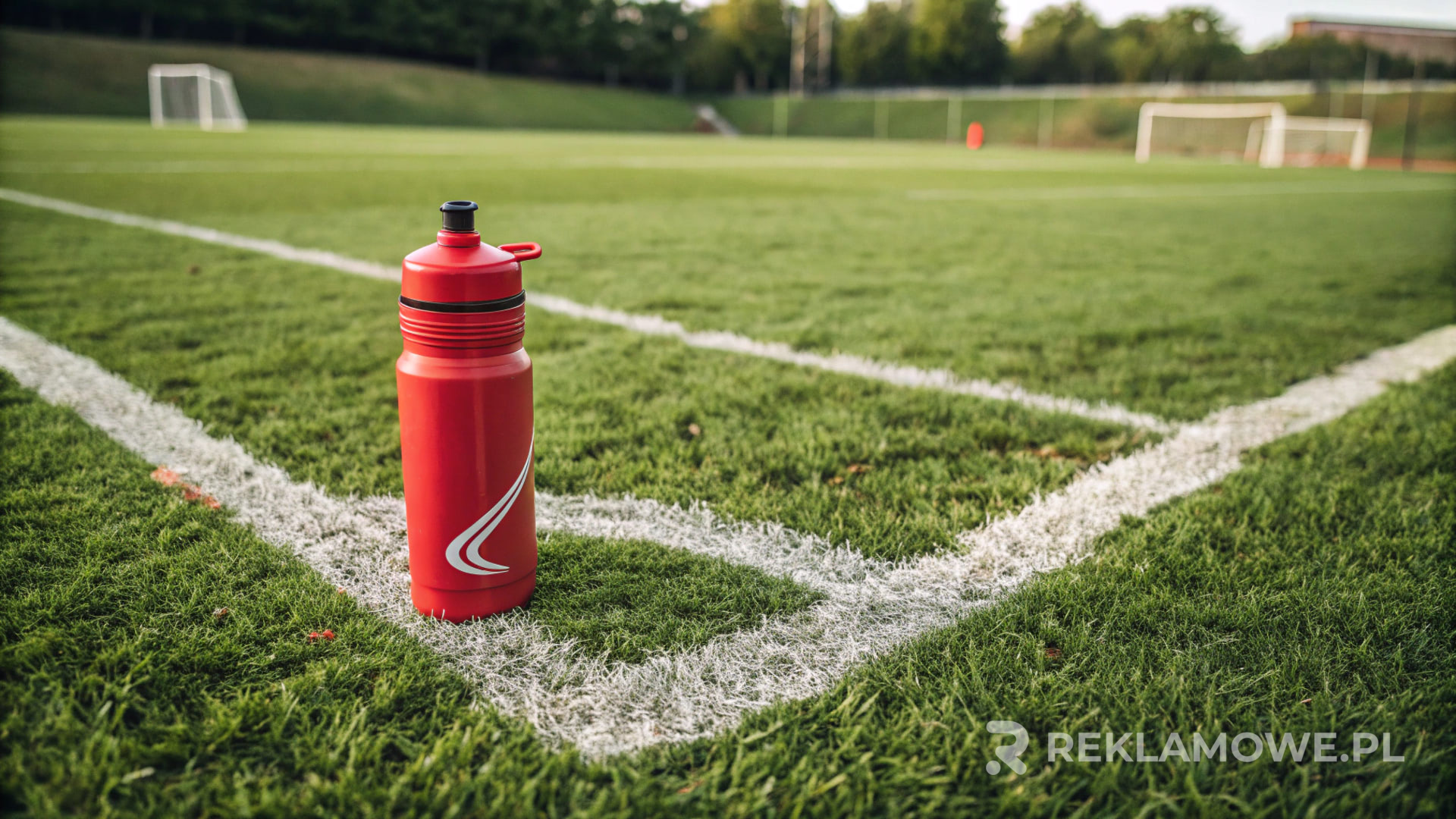 Butelka reklamowa z logo firmy umieszczona na stole