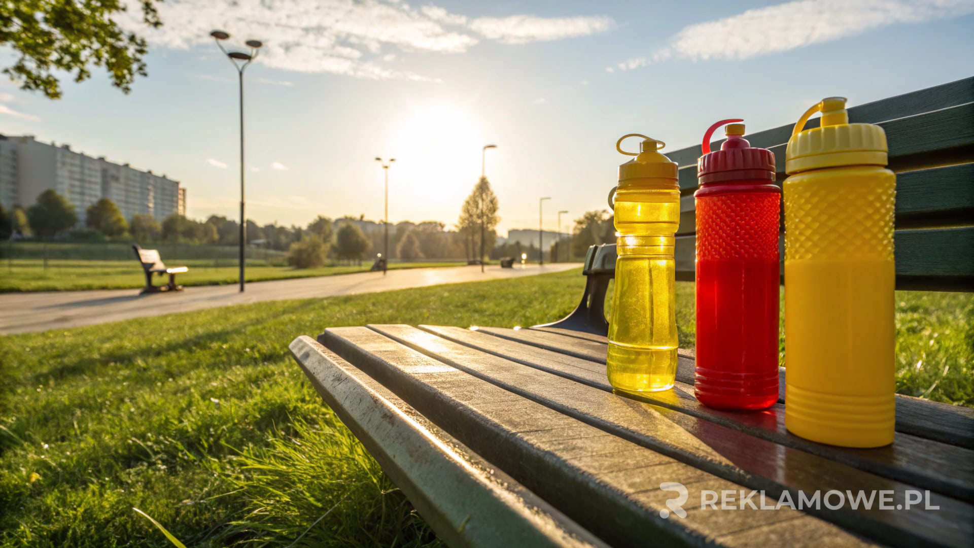 Projektowana butelka reklamowa na stole z akcesoriami
